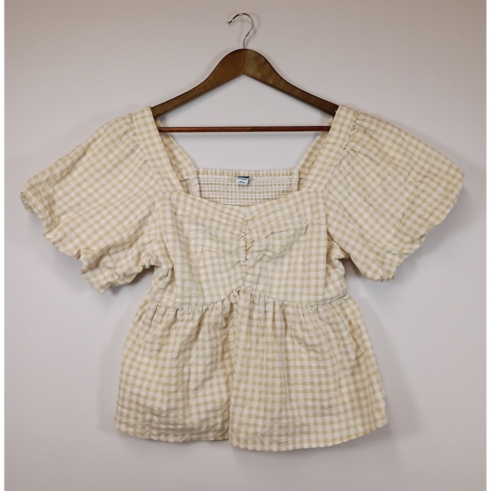 Cottagecore Old Navy Women Medium Beige Gingham Puff Sleeve Smocked Peplum Top